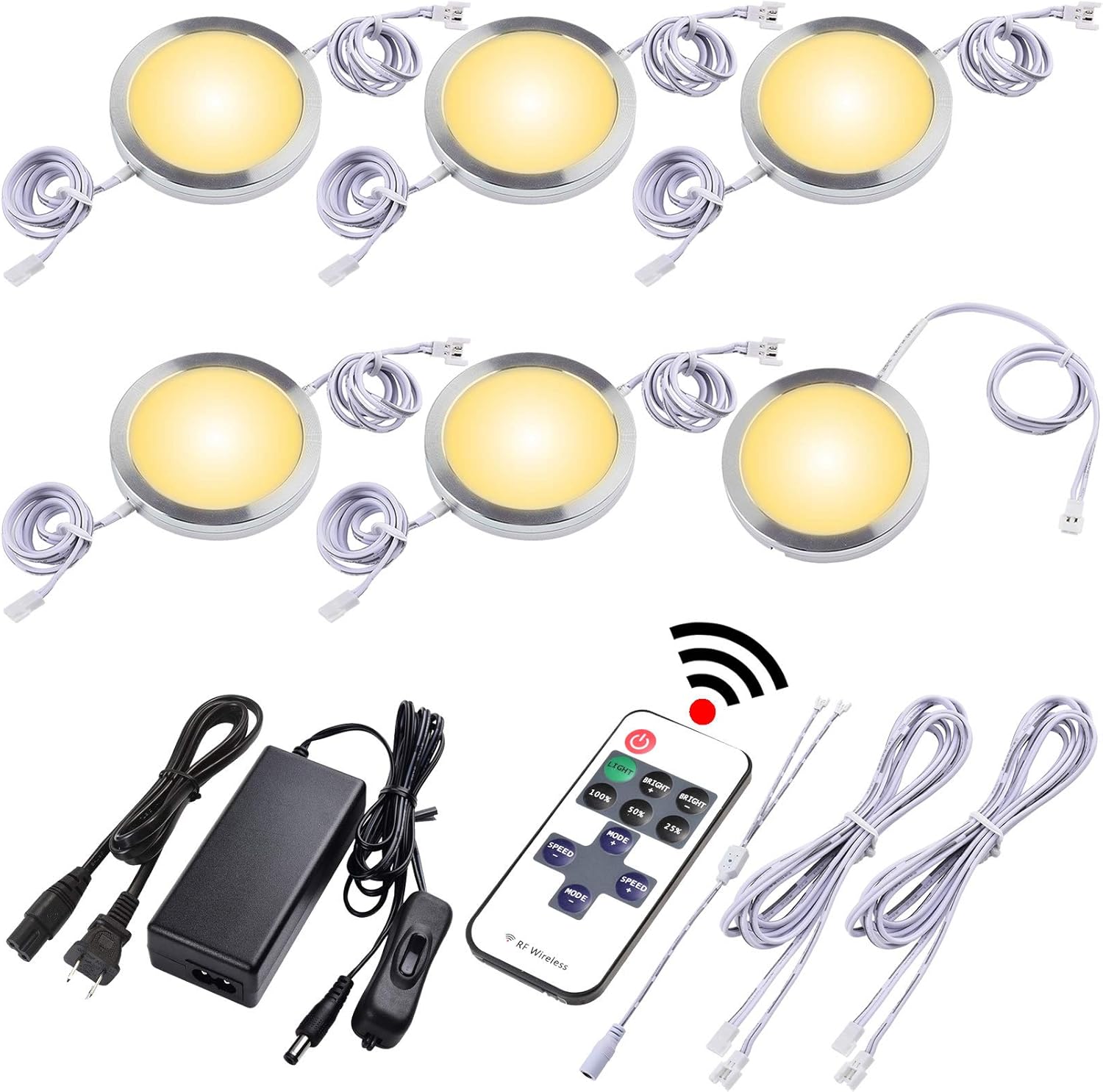 Under Cabinet LED Puck Lights, Dimmable Wireless RF Remote Control, Linkable Wired, AC120V to DC12V, Hardwired or Wall Plug, 14 Lights, Warm White O189635