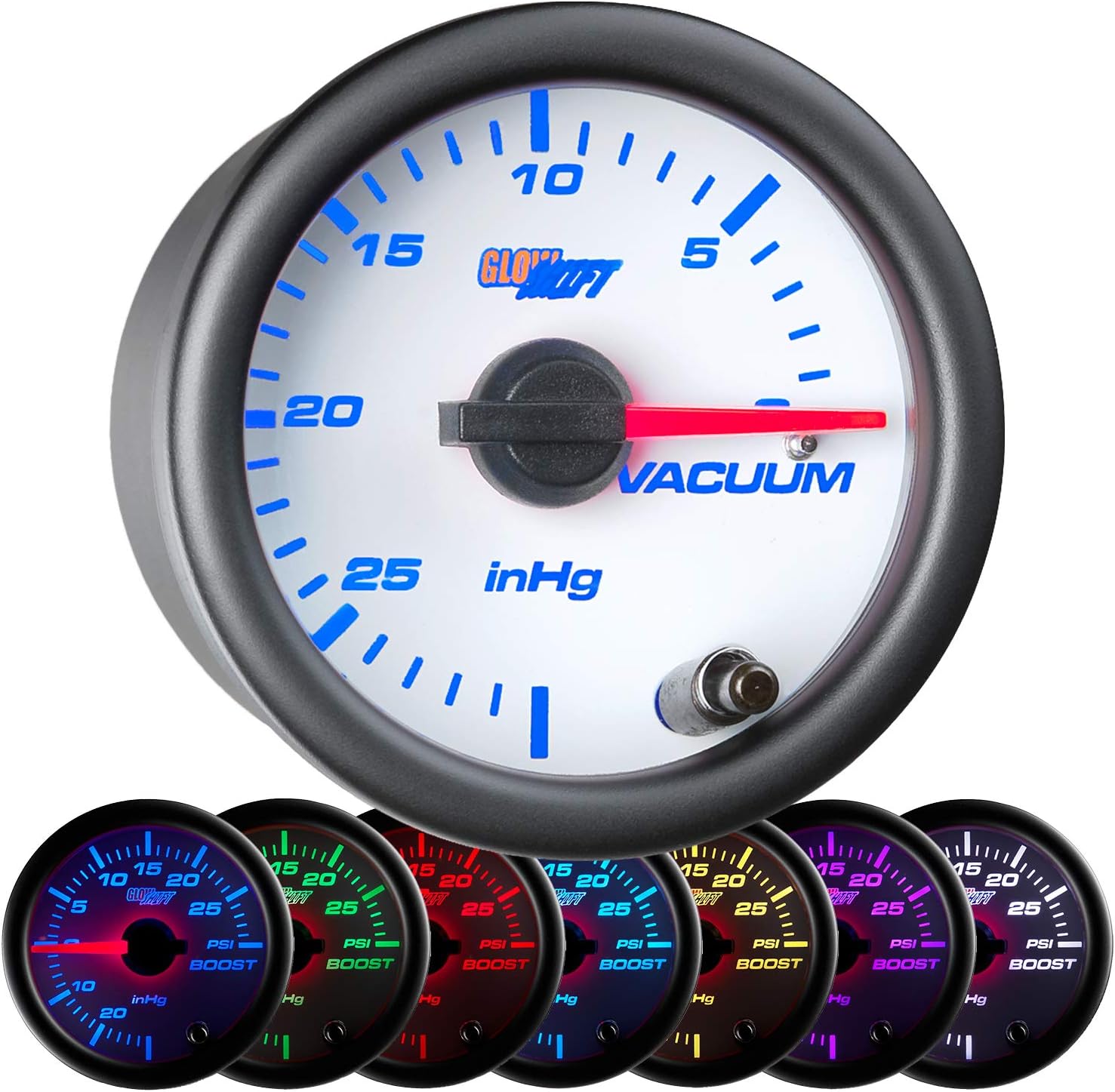 White 7 Color Vacuum Gauge Kit with Mechanical Hose & T-Fitting, 2-1/16" 52mm, Pack of 2 W60164