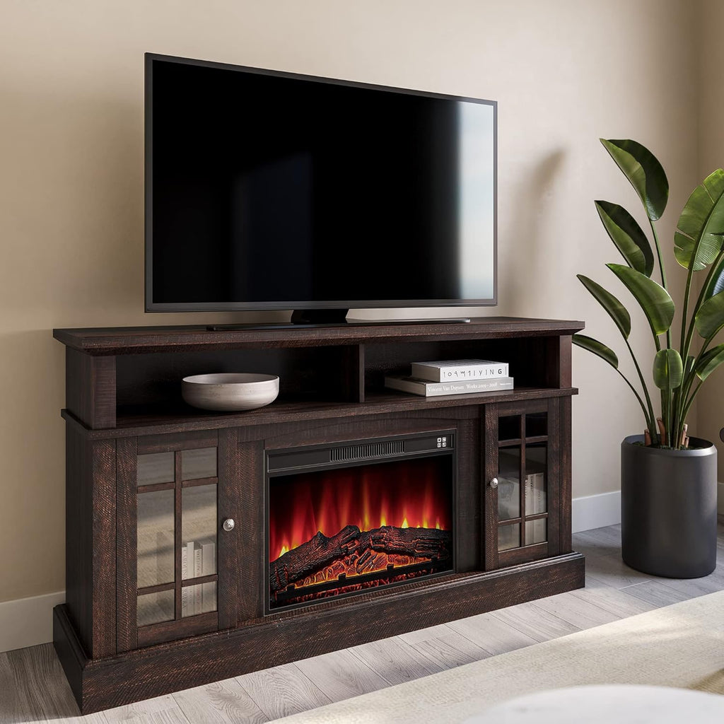 Gray Wash Electric Fireplace TV Stand with Open Storage Shelves & Cabinets X838