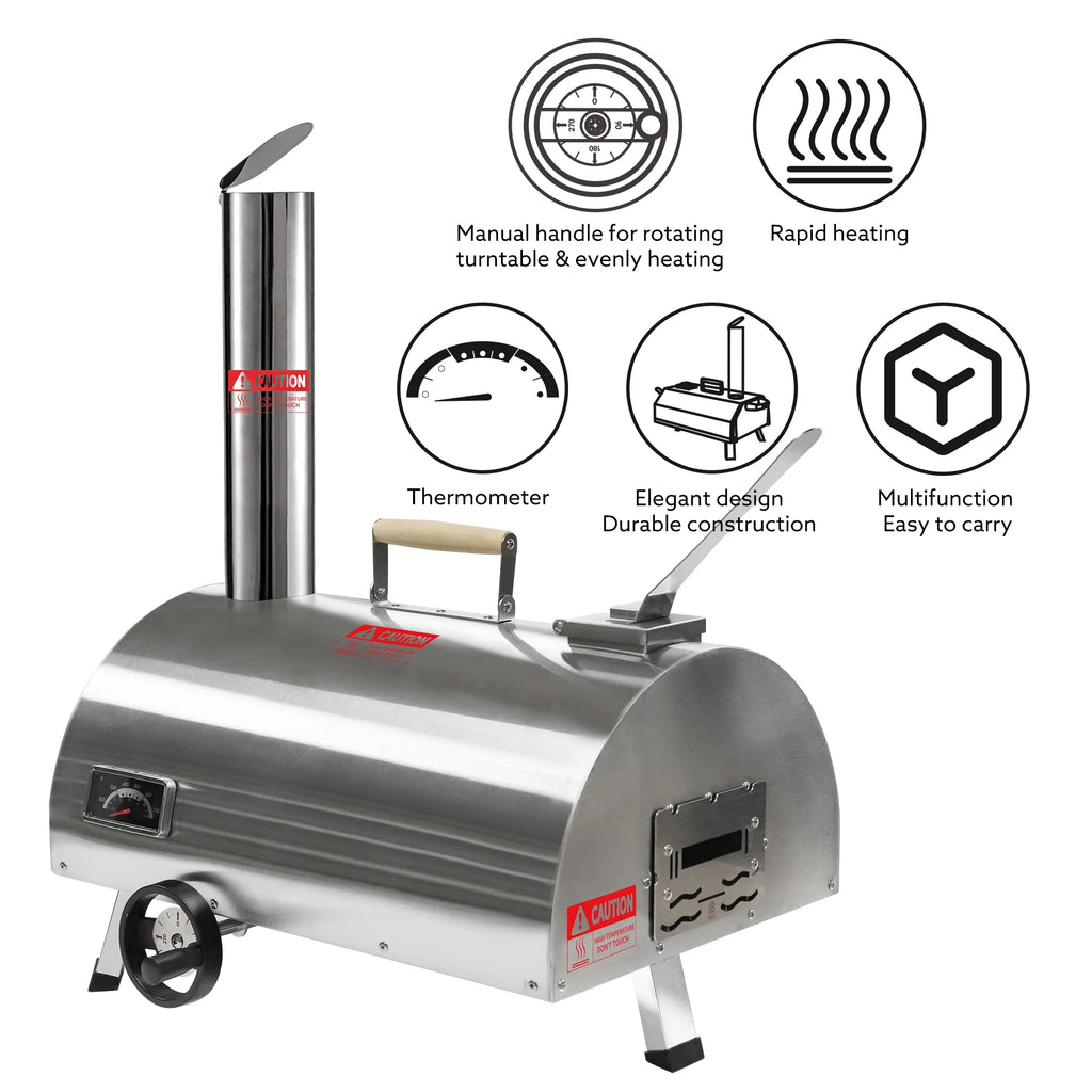 Silver Pizza Oven Portable Stainless Steel Wood Fired Pizza Maker with Built-in Thermometer Carry Bag B577523