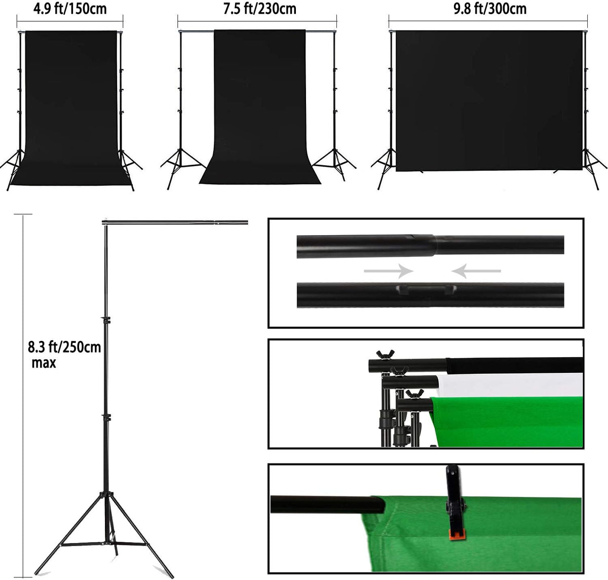 8 x 10ft Adjustable Photo Backdrop Stand with Carry Bag and 3 Clamps W4155