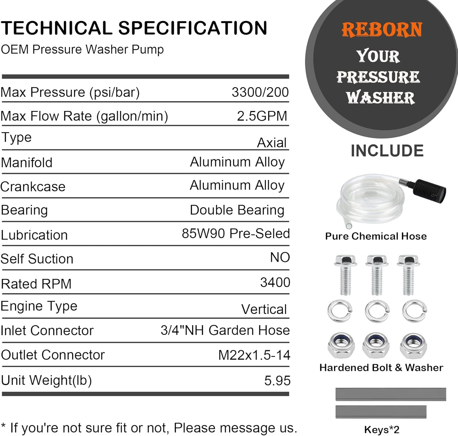 3/4 Shaft Horizontal Pressure Washer Pump, Max 3300 PSI @ 2.5 GPM, Anodized Die-Cast Aluminum C2288
