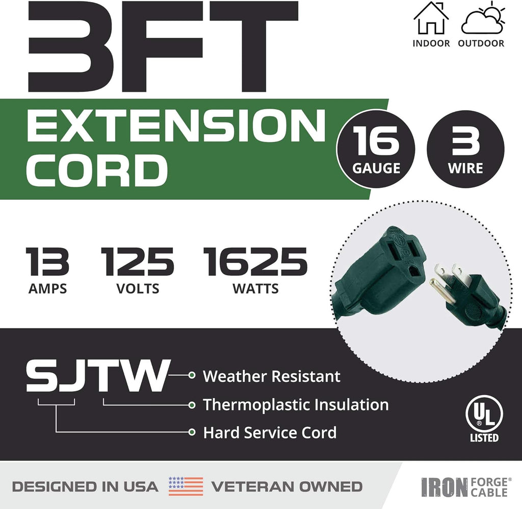2 Pack 50 Foot Outdoor Extension Cords, 16/3 SJTW Green Cable with 3 Prong Grounded Plug G994