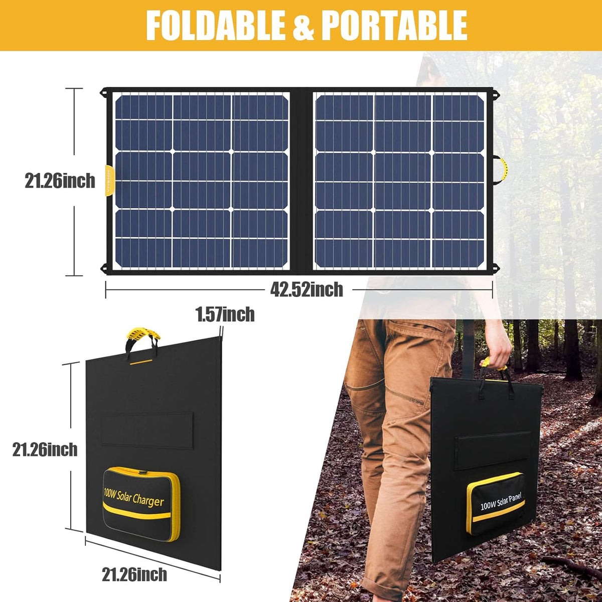 100W Foldable Solar Panel with 10 Connectors, Dual USB & DC Output, IP65 Waterproof E60223