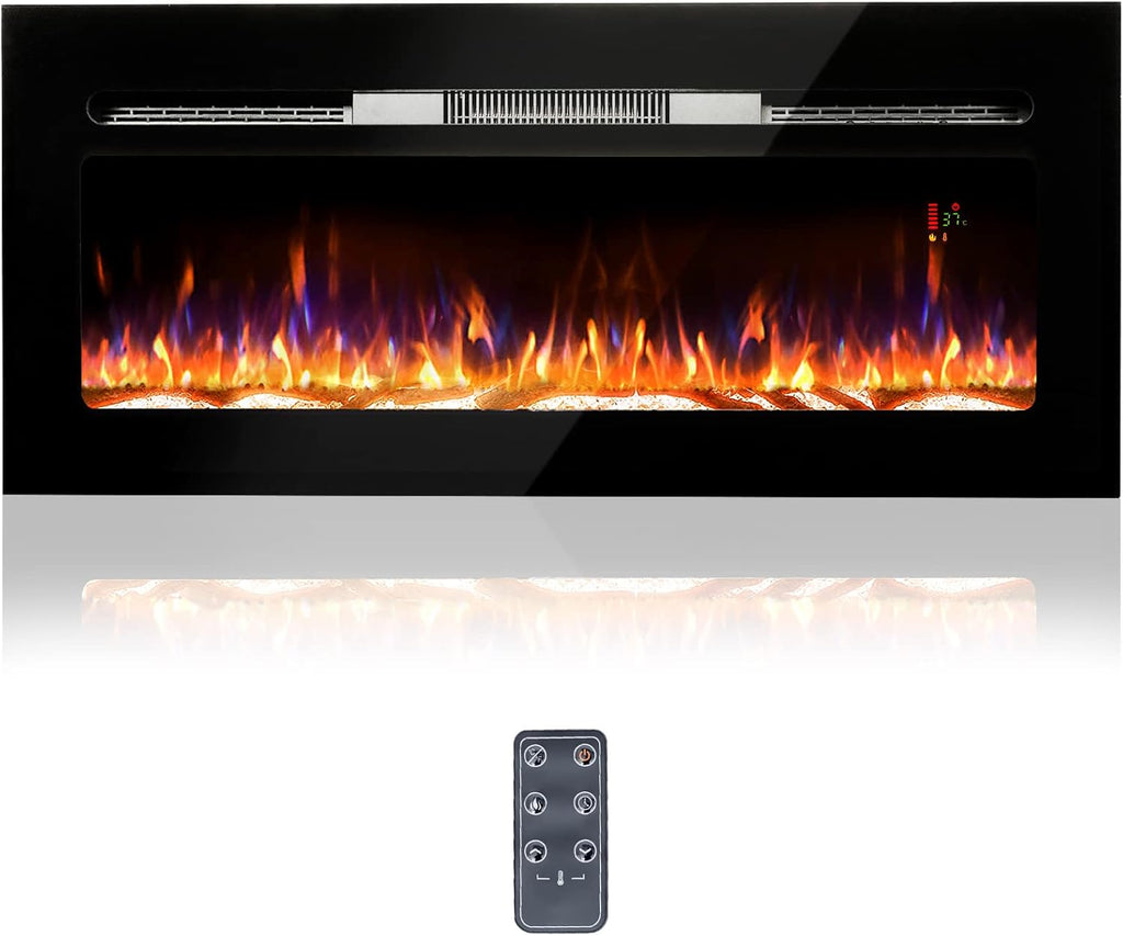 Black 1500W Recessed & Wall Mounted Electric Fireplace with Remote Control N8042