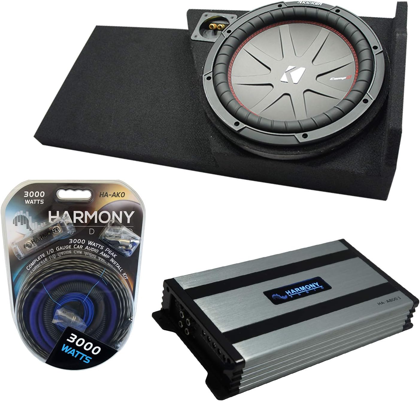 Compatible with 2014 - UP GMC Sierra Double Cab Kicker Bundle CompR CWR10 Single 10 Sub Box Harmony HA-A800.1 D1628