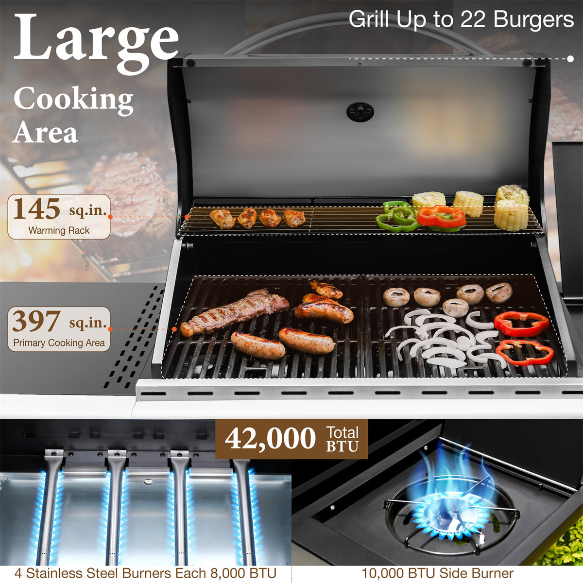 4 Burner Propane Gas Grill with Side Burner Stainless Steel I573