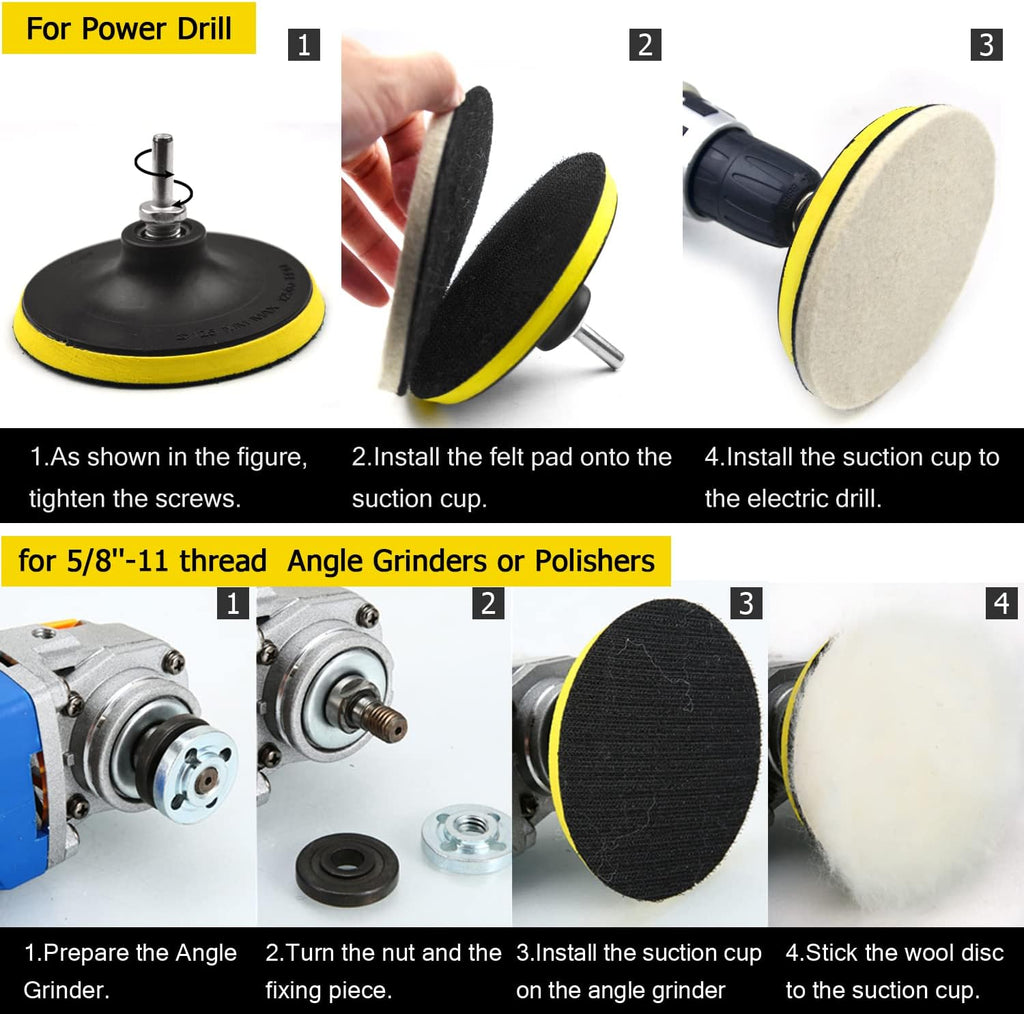 6 Inch 8PCS Wool Buffing Pads Kit with 5/8''-11 Thread Hook & Loop Backer Plate M727298