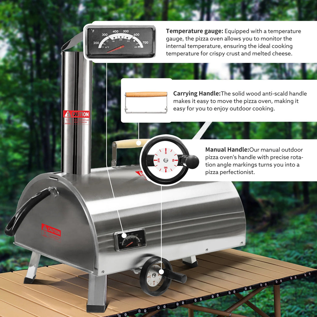 Silver Pizza Oven Portable Stainless Steel Wood Fired Pizza Maker with Built-in Thermometer Carry Bag B577523