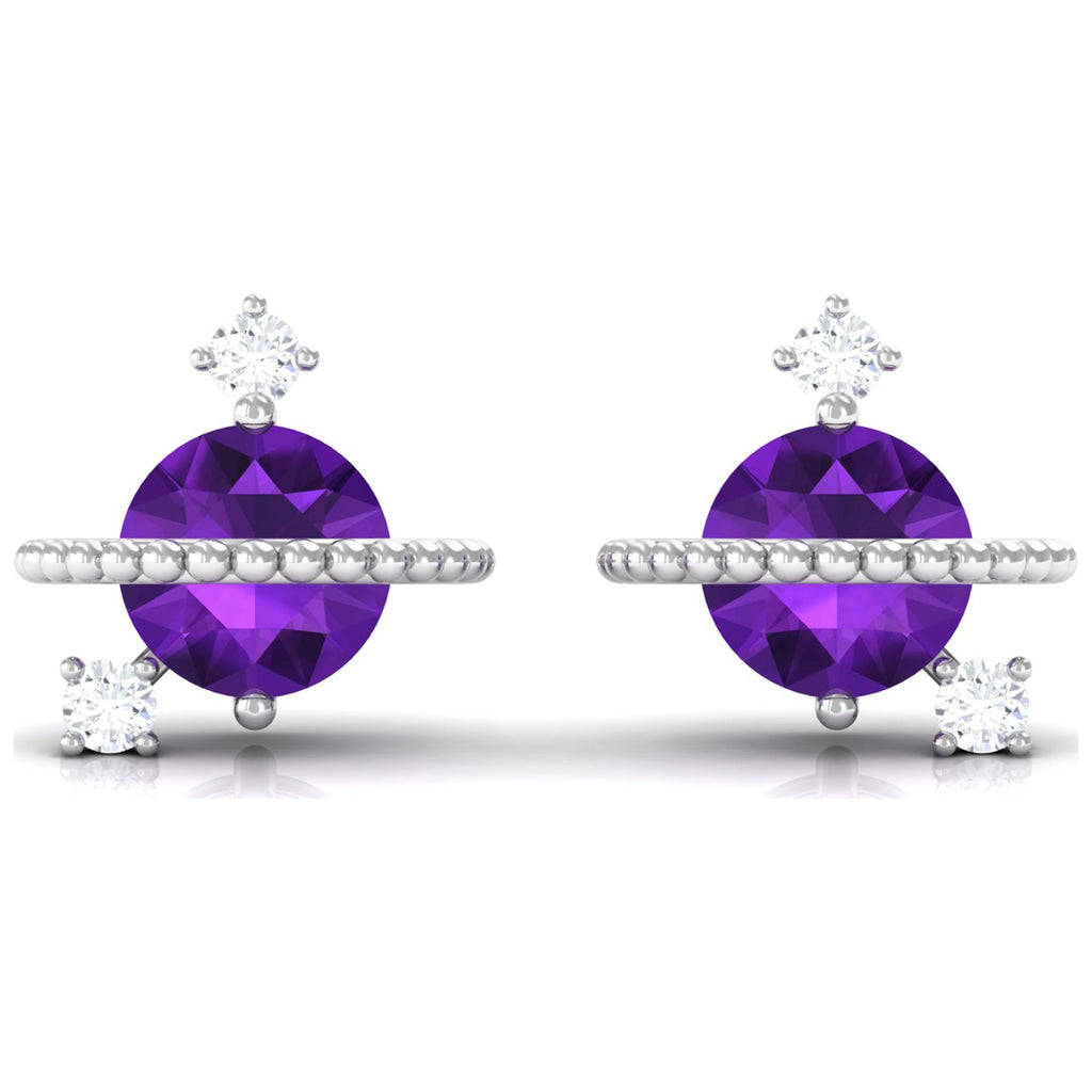 Amethyst Stud Earrings with Diamond, 925 Sterling Silver E468896