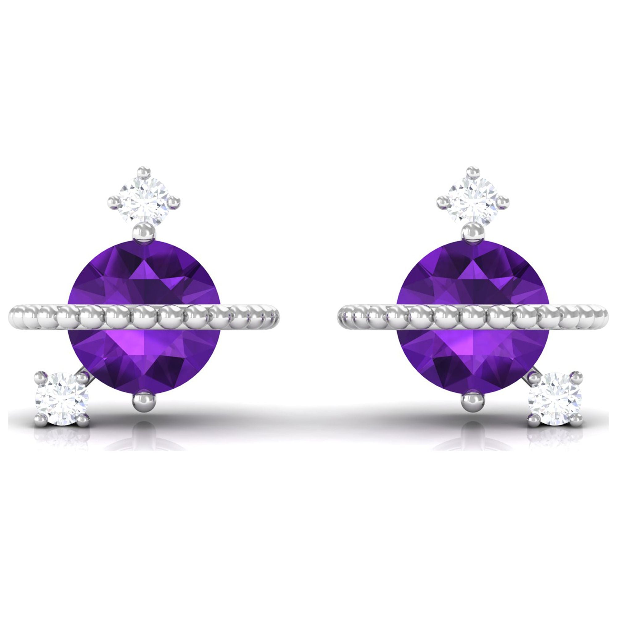 Amethyst Stud Earrings with Diamond, 925 Sterling Silver E468896