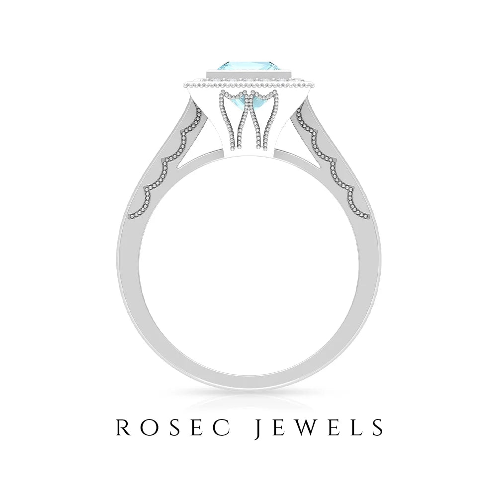 Sky Blue Topaz and Diamond Engagement Ring, 5.5 MM Princess Cut, 925 Sterling Silver I5521