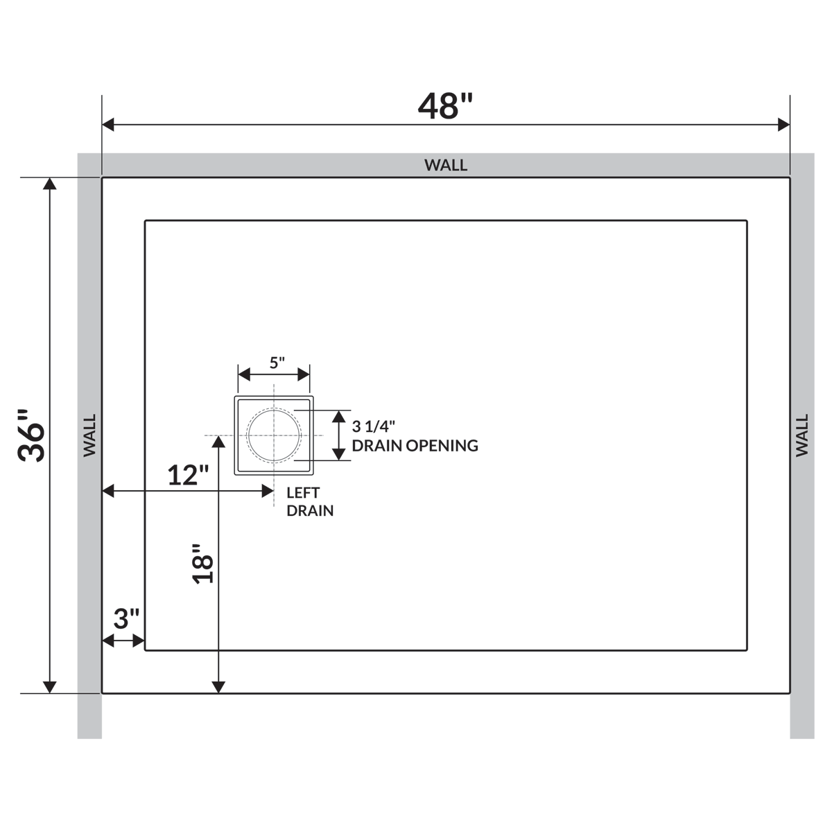 Left Double Threshold Shower Pan Base Wall Corner Left Drain Y7537