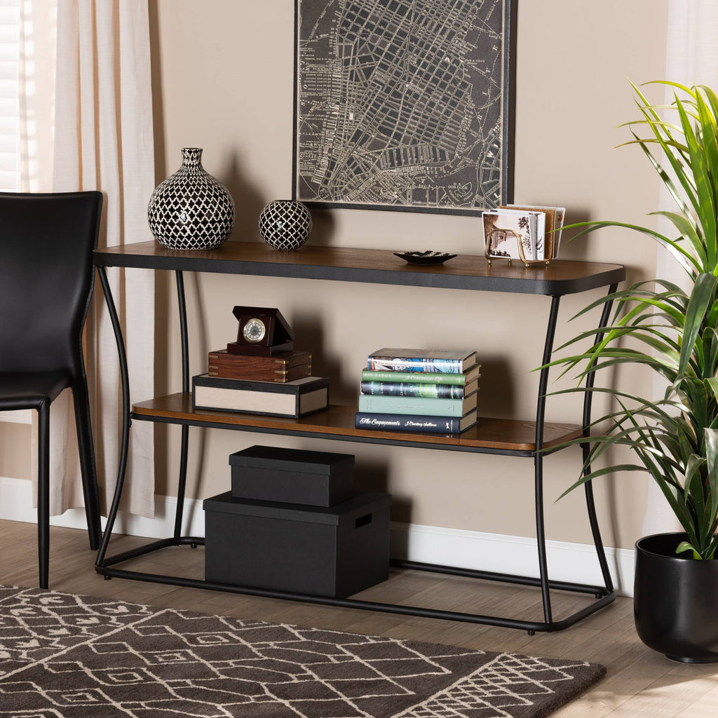 Rustic Industrial Walnut Brown Wood and Black Metal Console Table S547