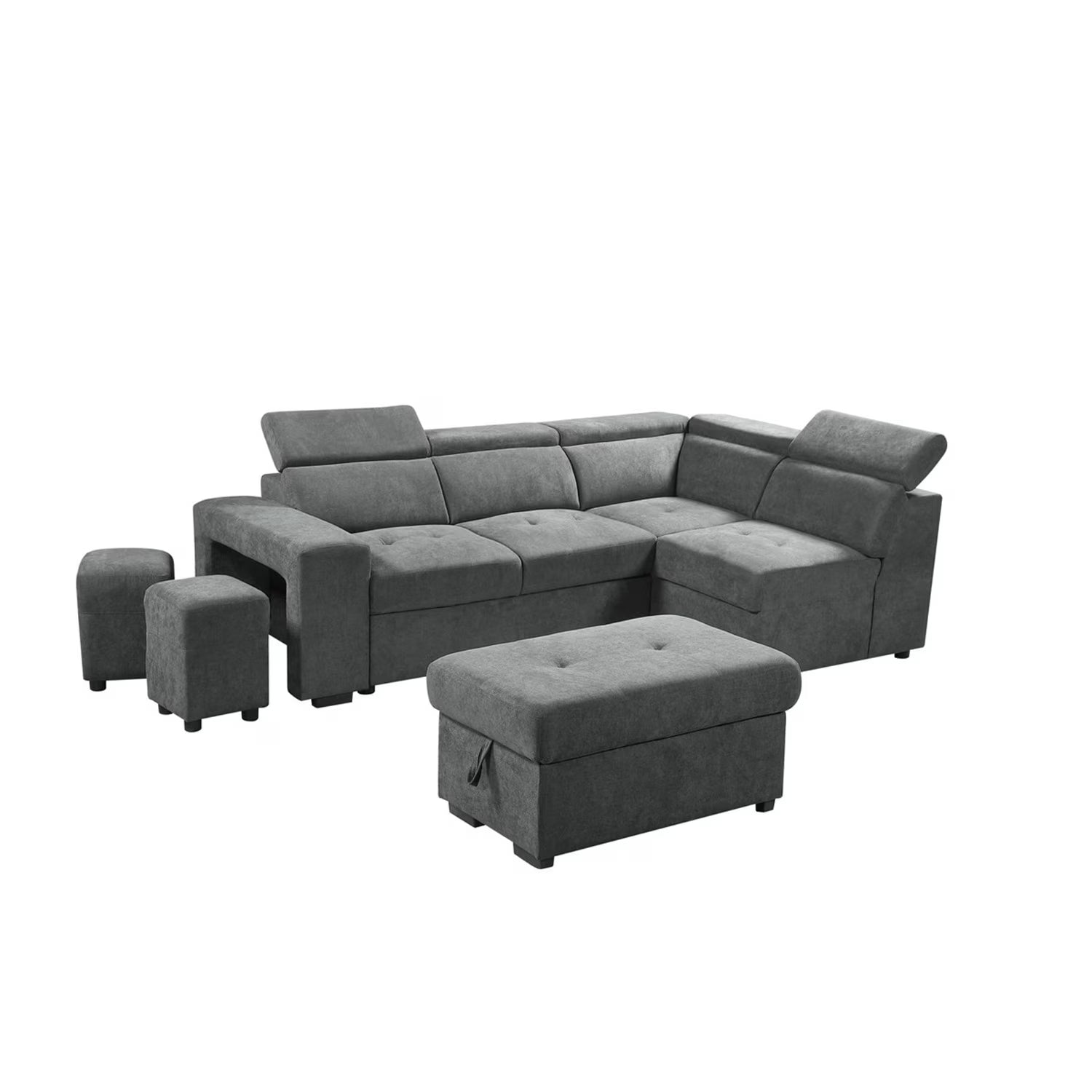 Light Gray Sleeper Sectional Sofa with Storage Ottoman and 2 Stools F682156