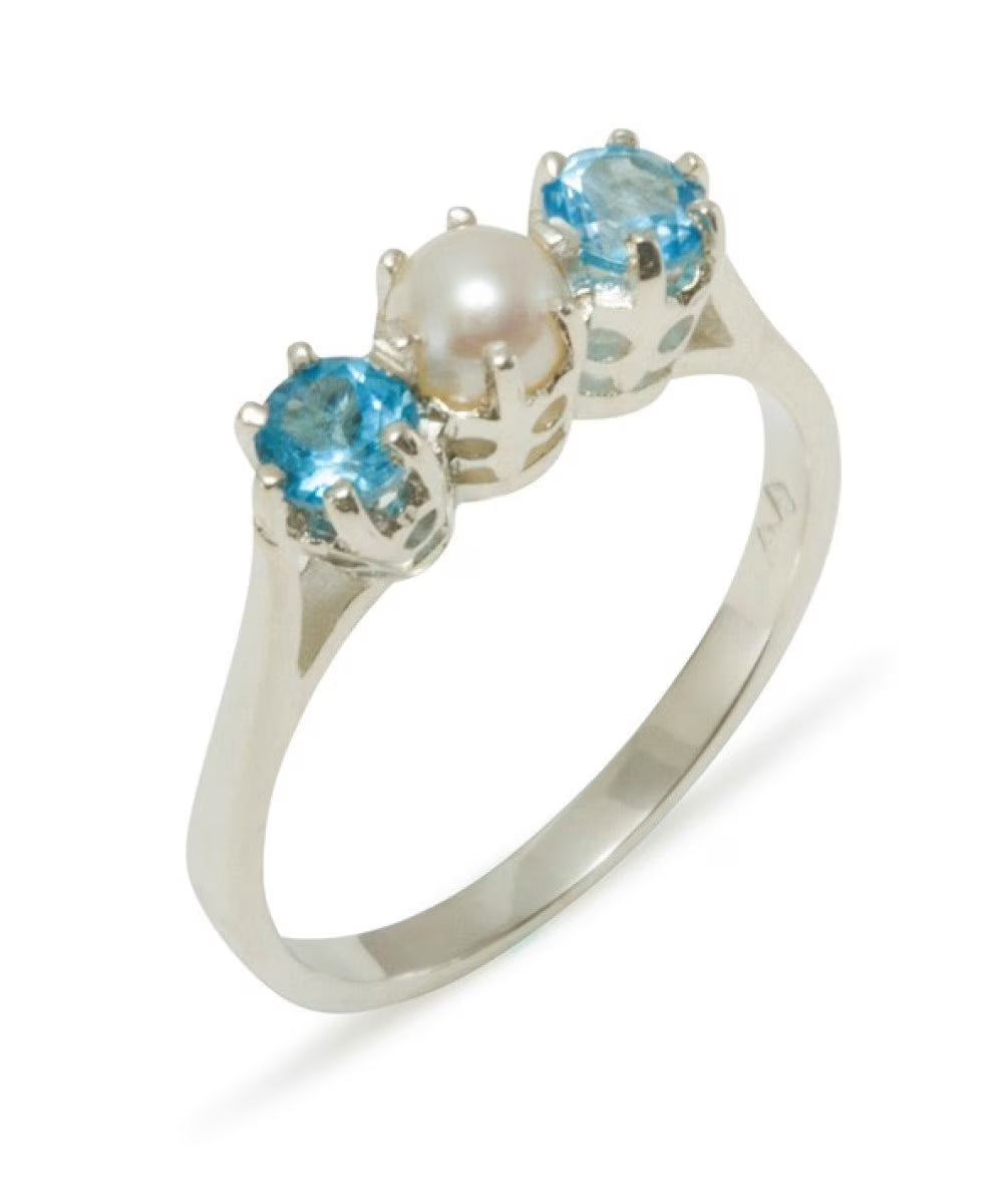 925 Sterling Silver Cultured Pearl & Blue Topaz Engagement Ring O92644