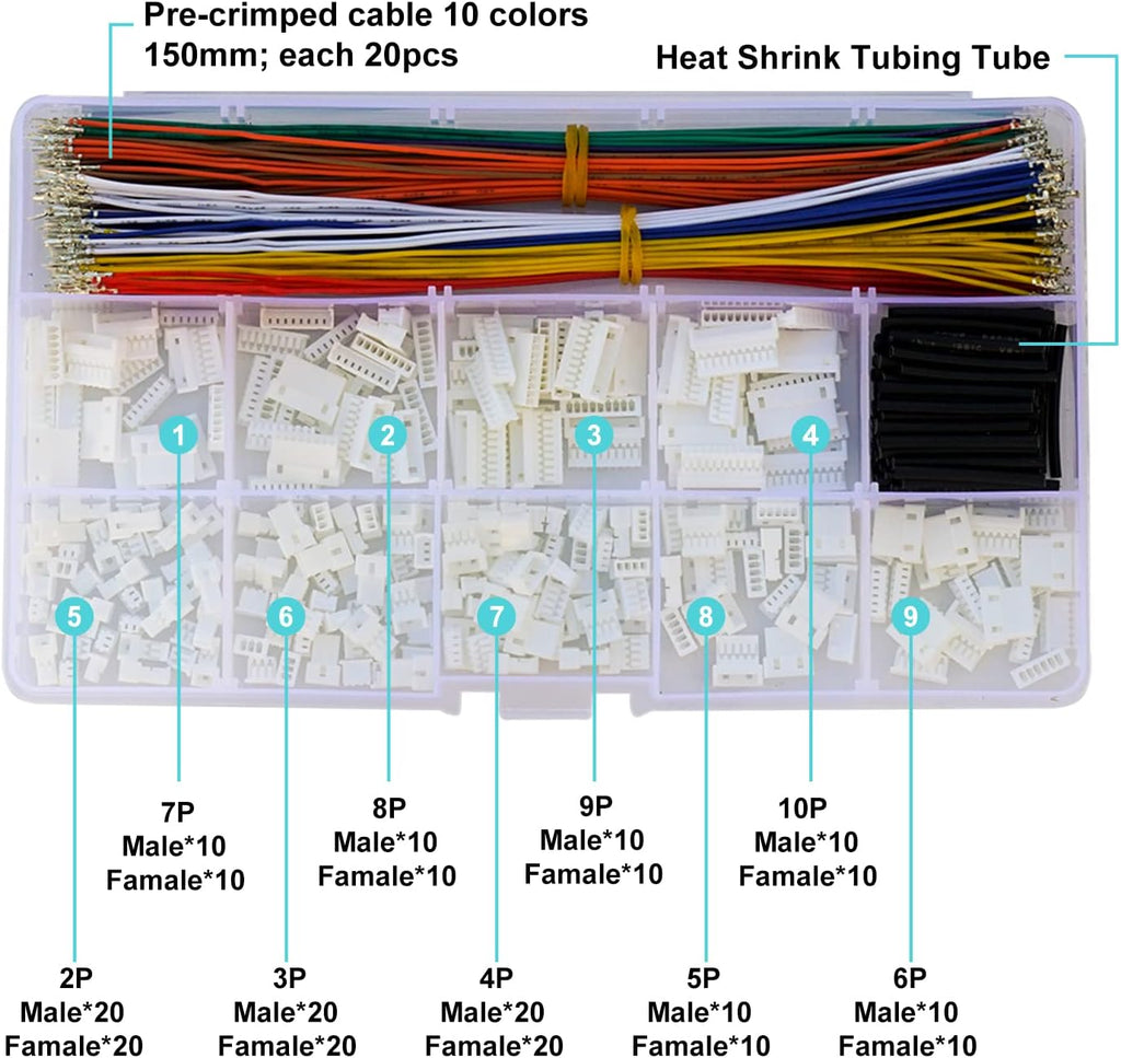 MX 1.25 Male Female Connector Kit with Pre-Crimped Cables, 240pcs Connectors and 200pcs 28AWG Cable R36828