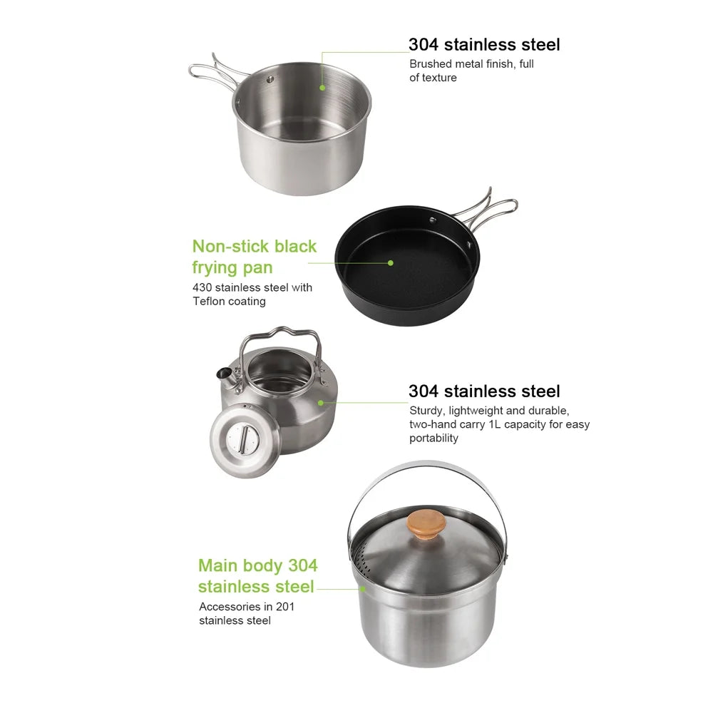 Stainless Steel Camping Cookware Set with Pot Frying Pan Kettle E40642