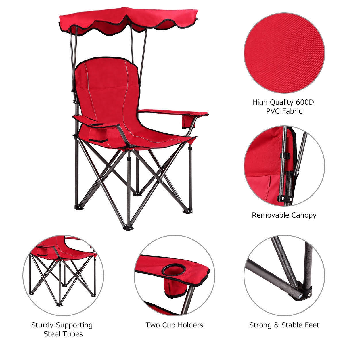 Red Portable Folding Beach Canopy Chair with Cup Holders U54505