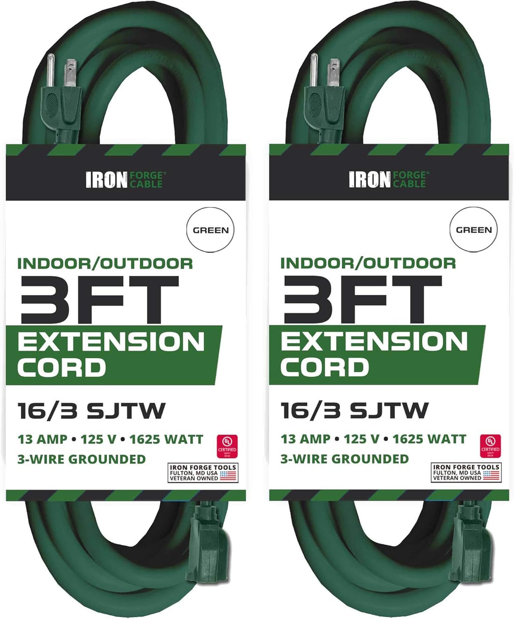 2 Pack 50 Foot Outdoor Extension Cords, 16/3 SJTW Green Cable with 3 Prong Grounded Plug G994