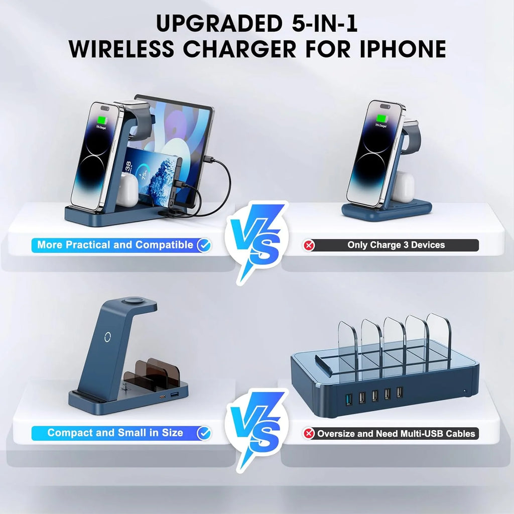 5 in 1 Wireless Charging Stand Dock for iPhone Apple Watch Airpods (Blue) A724734
