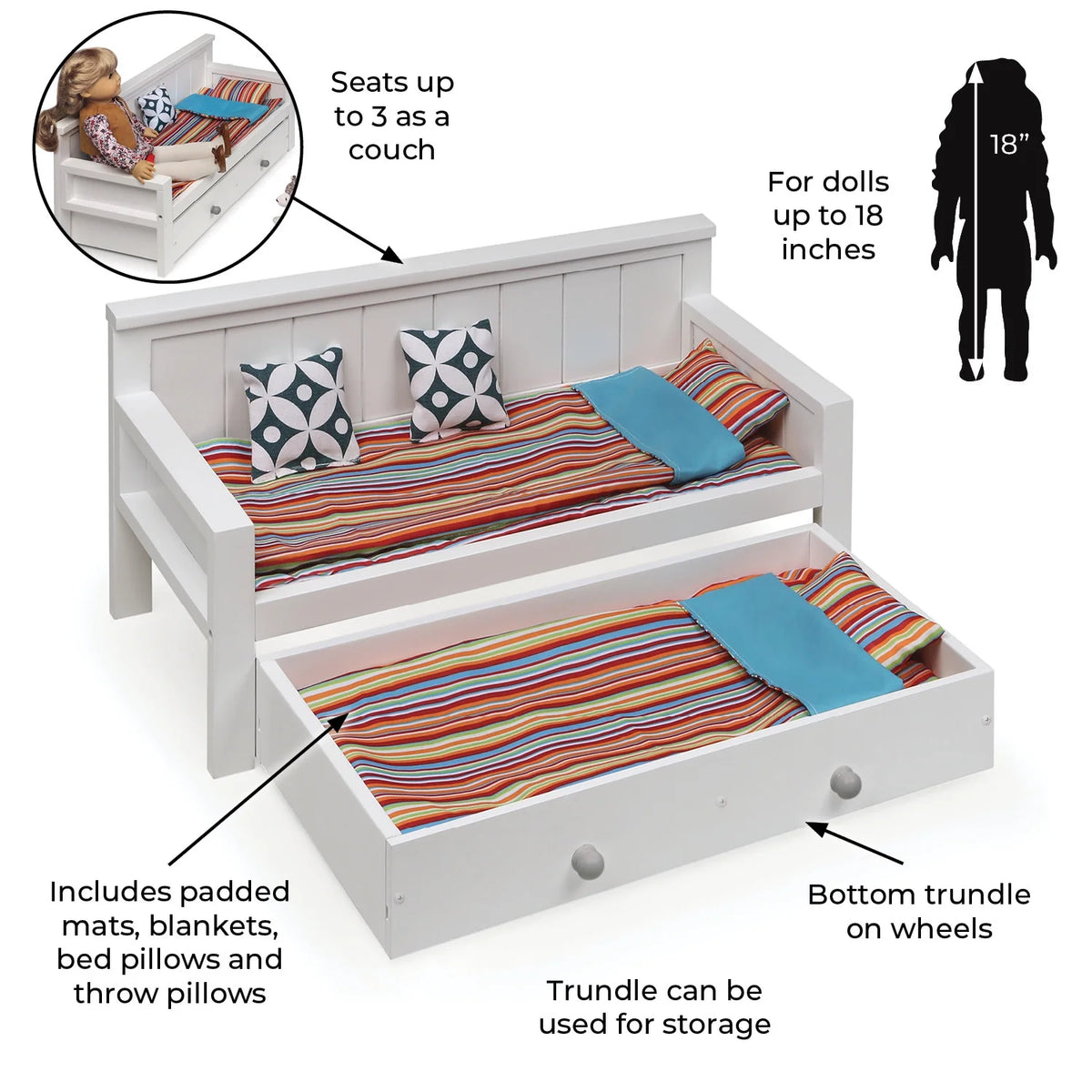 White/Multi Doll Sofa and Daybed Combo with Trundle Bed G7394