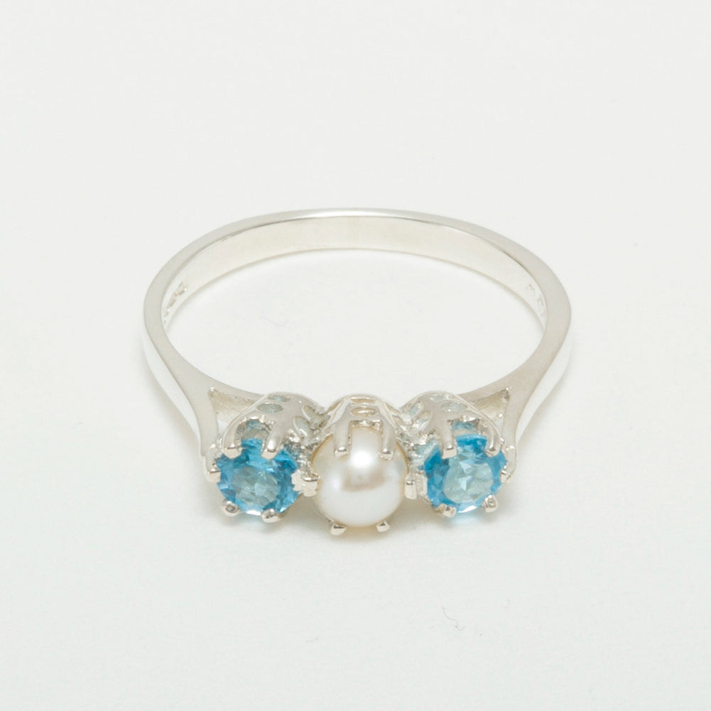 925 Sterling Silver Cultured Pearl & Blue Topaz Engagement Ring O92644