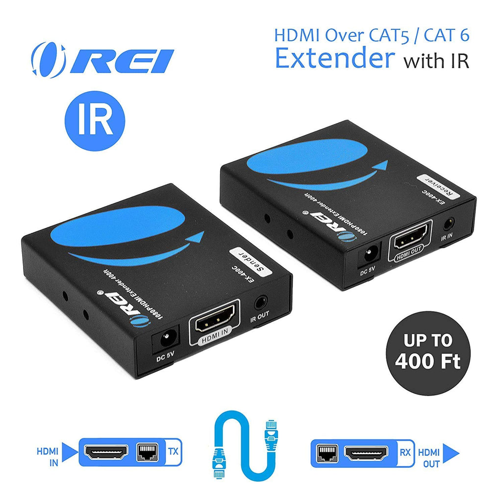 HDMI Extender Over LAN Single CAT5e/CAT6A/CAT7 Cable Uncompressed 1080p @ 60Hz with IR Up to 400 Ft Balun Kit Video Transmitter and Receiver A378
