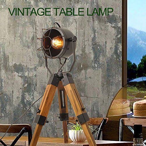 Industrial Vintage Tripod Floor Lamp, Wooden Stand, Black R3114