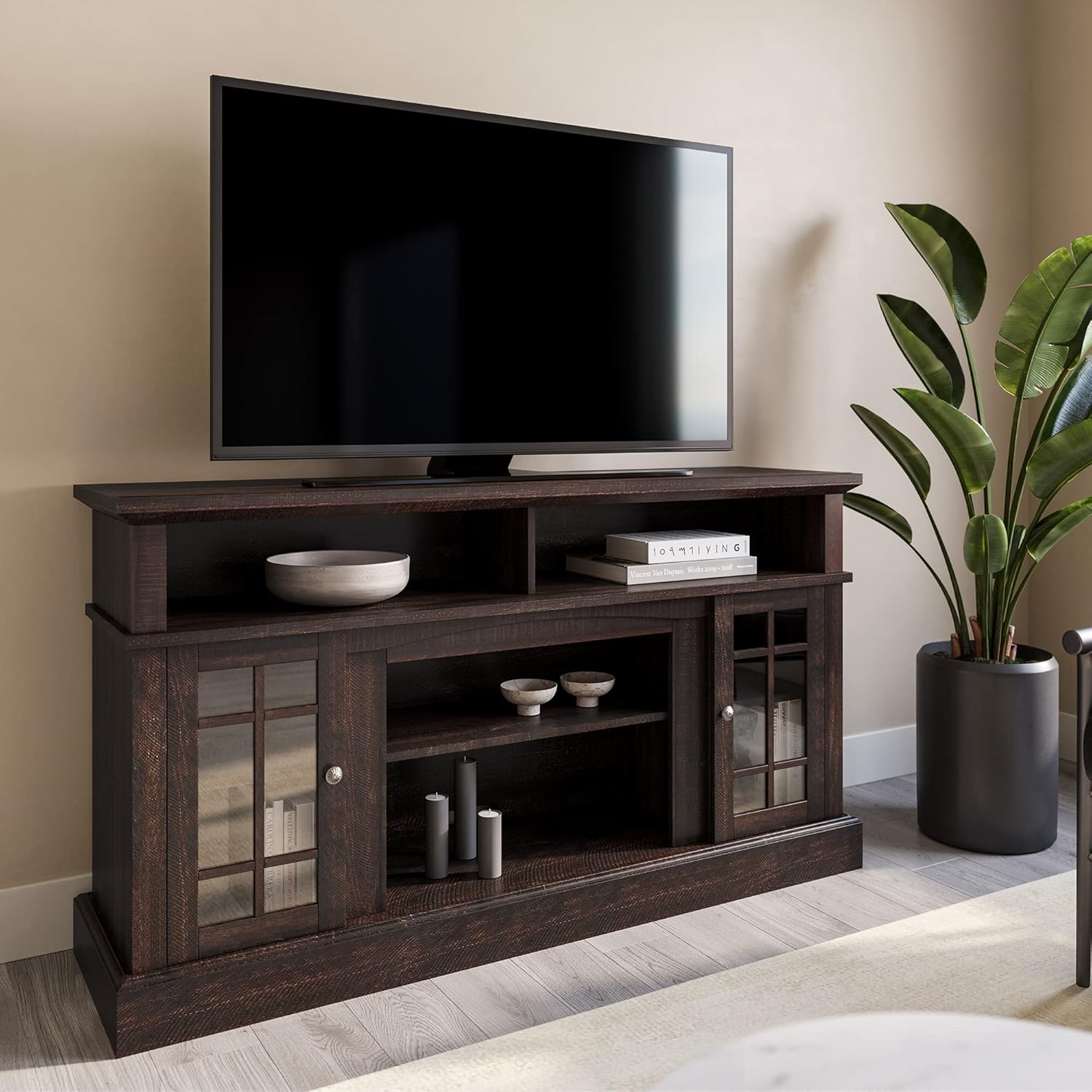 Gray Wash Electric Fireplace TV Stand with Open Storage Shelves & Cabinets X838