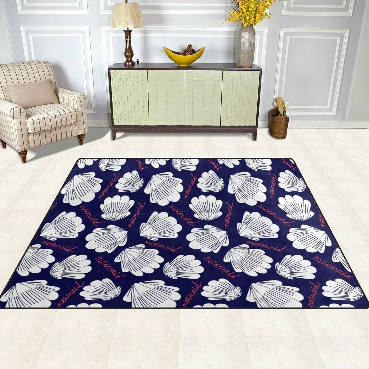 White Shell Mermaid Lightweight Carpet Mats Area Rug D840