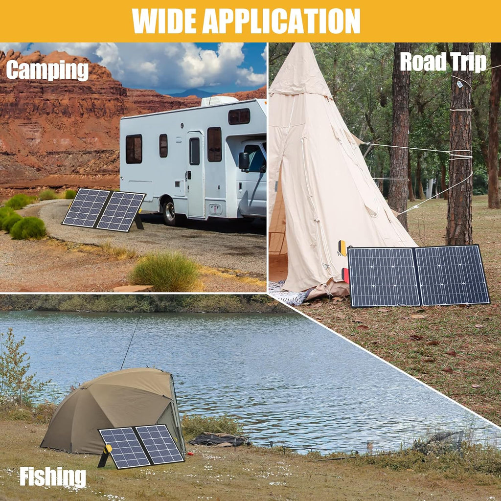 100W Foldable Solar Panel with 10 Connectors, Dual USB & DC Output, IP65 Waterproof E60223