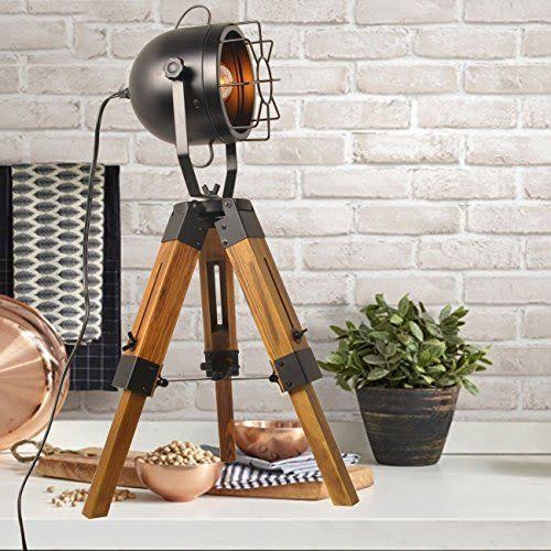 Industrial Vintage Tripod Floor Lamp, Wooden Stand, Black R3114