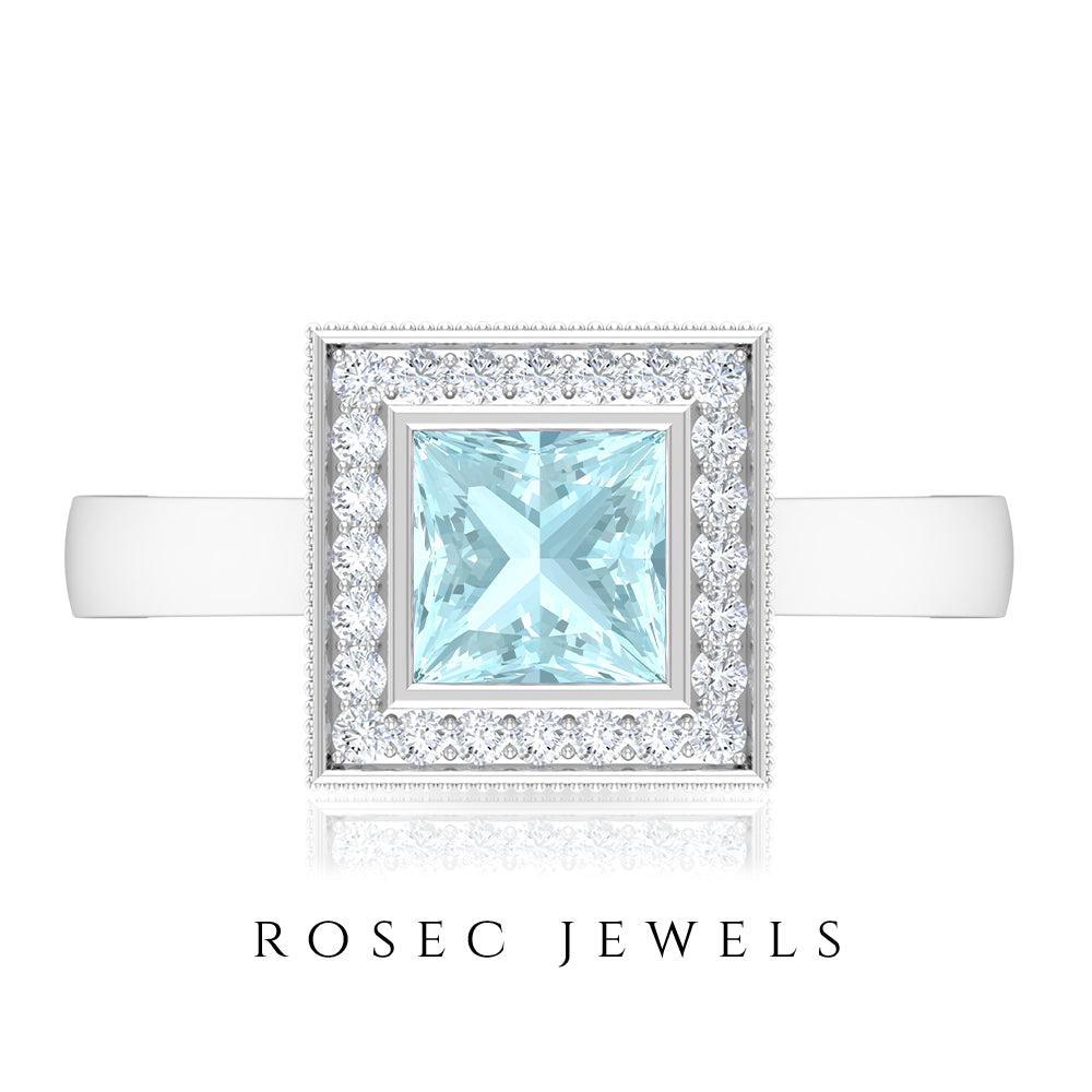 Sky Blue Topaz and Diamond Engagement Ring, 5.5 MM Princess Cut, 925 Sterling Silver I5521
