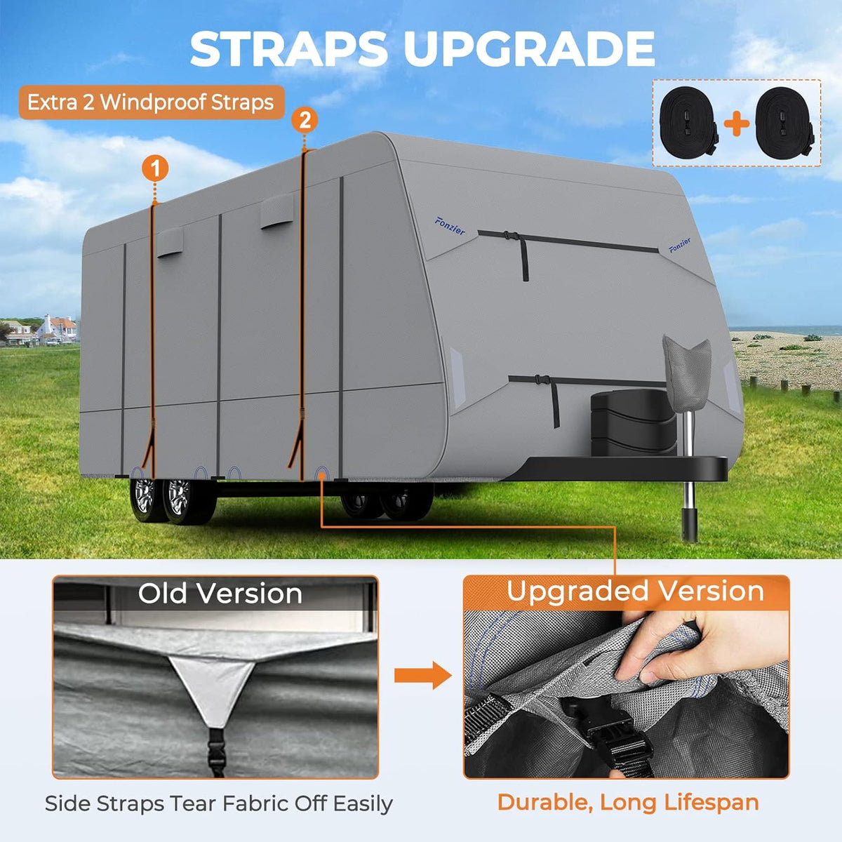 Heavy Duty 5 Layers Anti-UV Camper Cover with 4 Gutter Spout Covers Tongue Jack Cover 2 Windproof Straps P511083