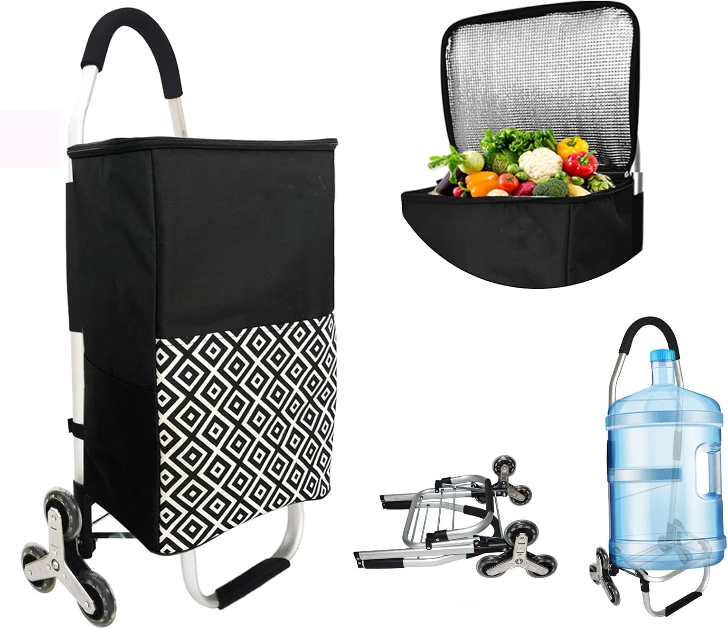 3 in 1 Insulated Shopping Cart Stair Climbing Utility Cart Rolling Cooler with Adjustable Bungee Cord Waterproof Lightweight (Black) P10524