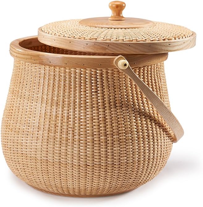Natural ash wood and cane round baskets with swing handle removable lids X7512