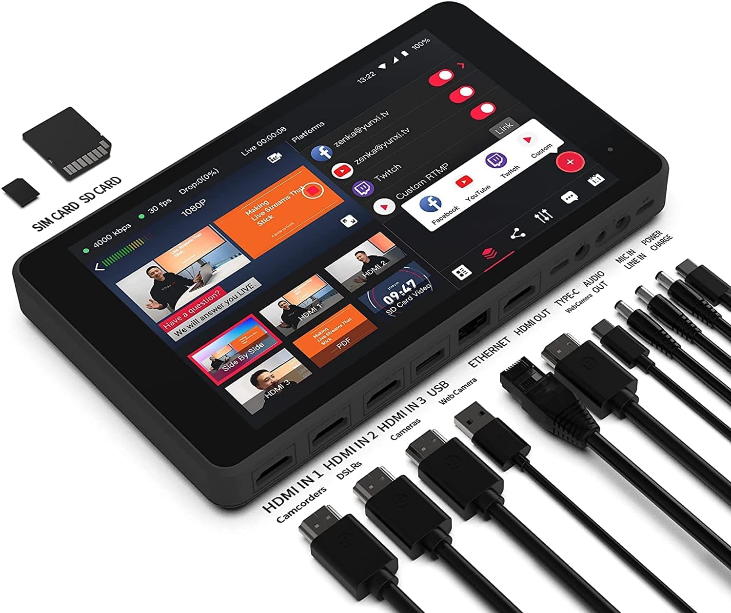 YoloBox Pro All-in-One HDMI Monitor Wi-Fi 8-Inch Screen Portable Multi-Camera Live Streaming Studio USB Type-C Input Power Bundle Y7281