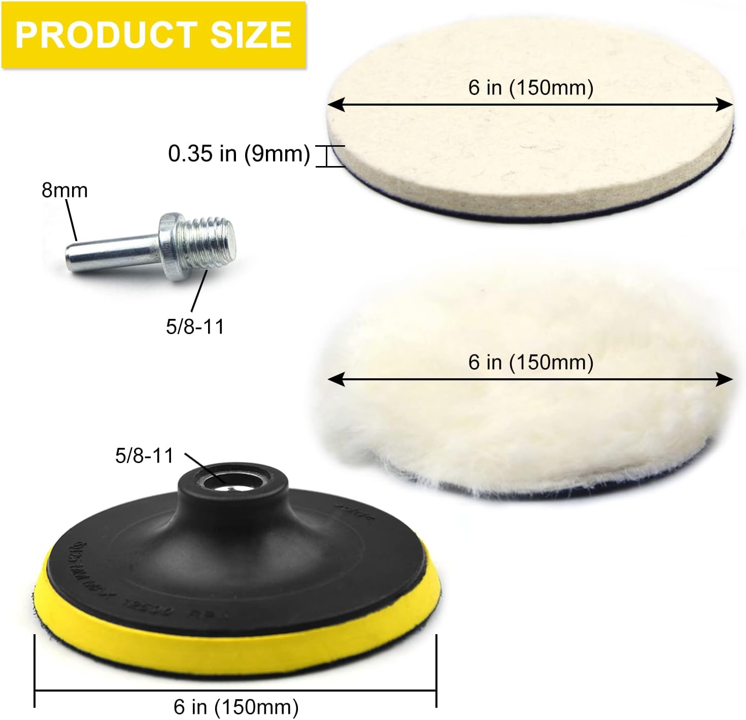 6 Inch 8PCS Wool Buffing Pads Kit with 5/8''-11 Thread Hook & Loop Backer Plate M727298