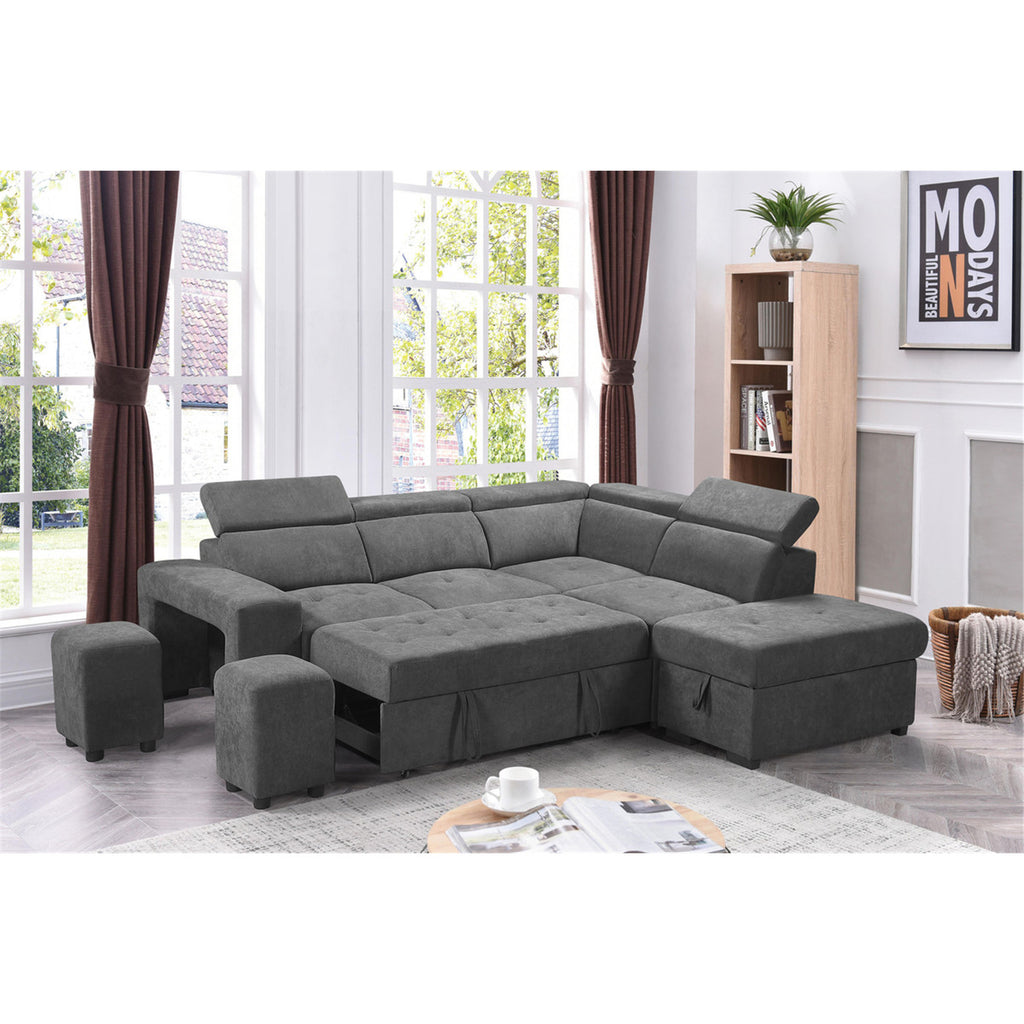 Light Gray Sleeper Sectional Sofa with Storage Ottoman and 2 Stools F682156