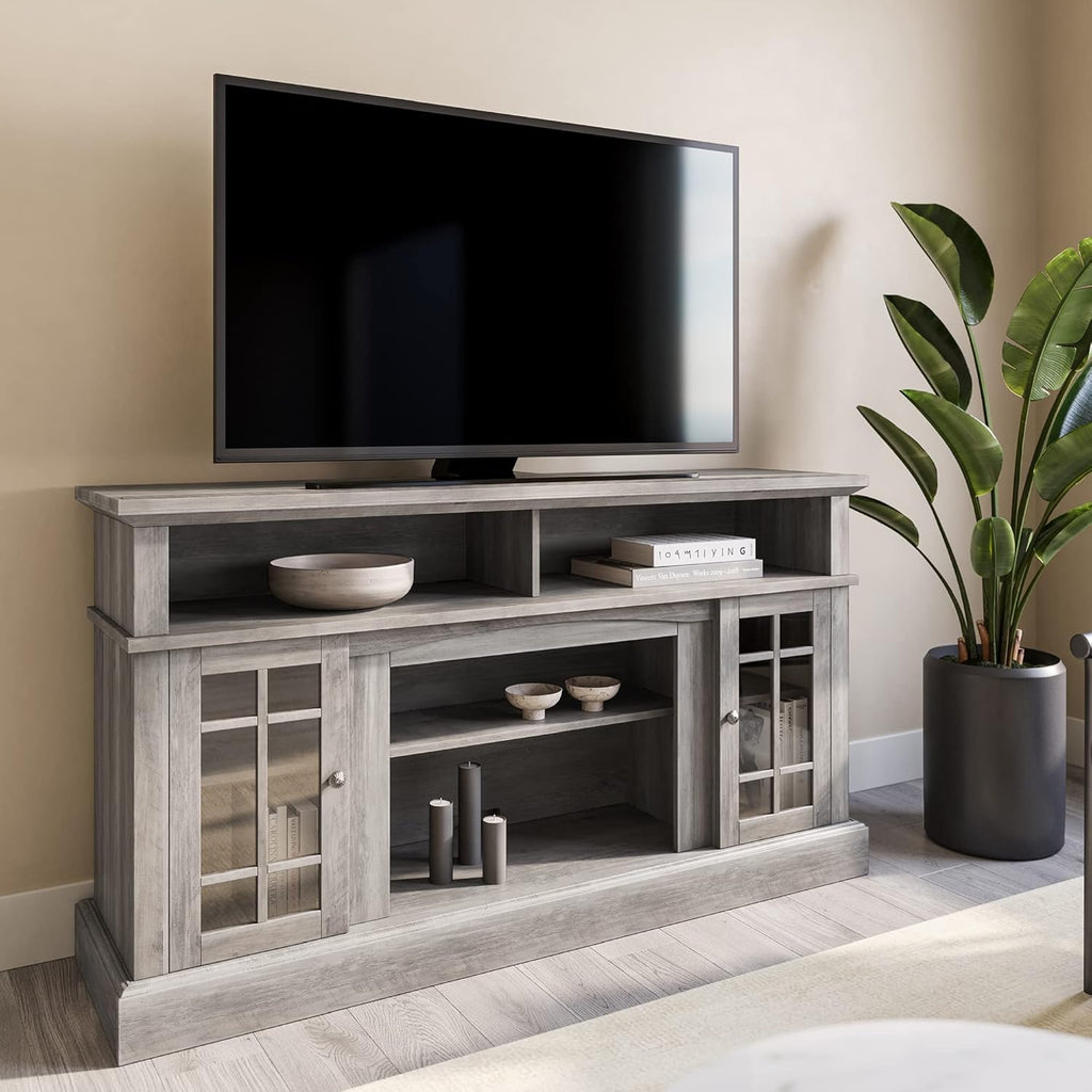 Gray Wash Electric Fireplace TV Stand with Open Storage Shelves & Cabinets X838