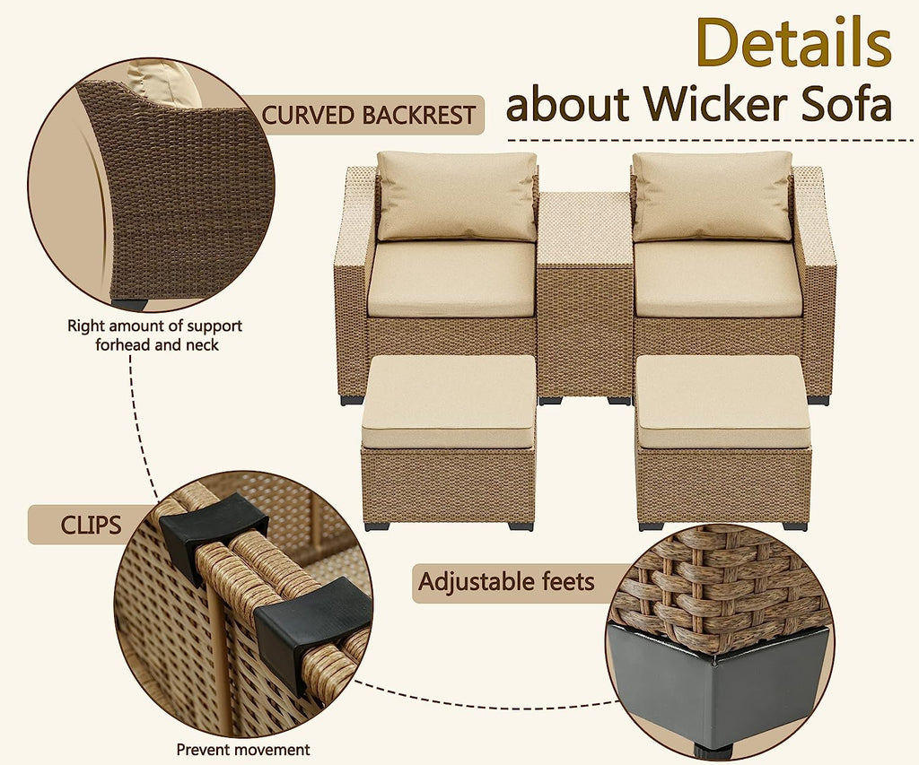 5-Piece Wicker Outdoor Sectional Sofa Set with Ottoman F360286