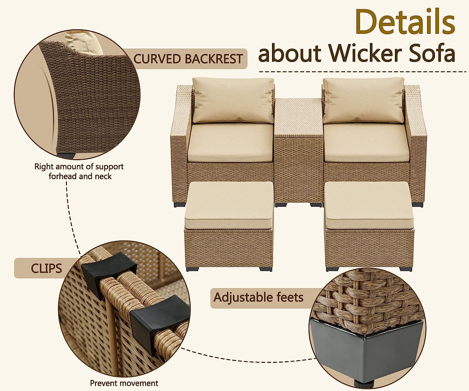 5-Piece Wicker Outdoor Sectional Sofa Set with Ottoman F360286