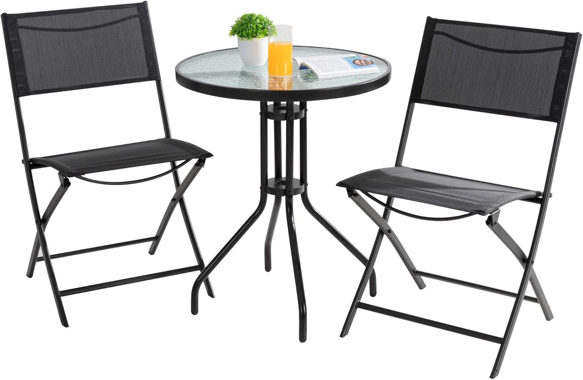 3 Piece Steel Textilene Folding Patio Bistro Set with Glass Table W249