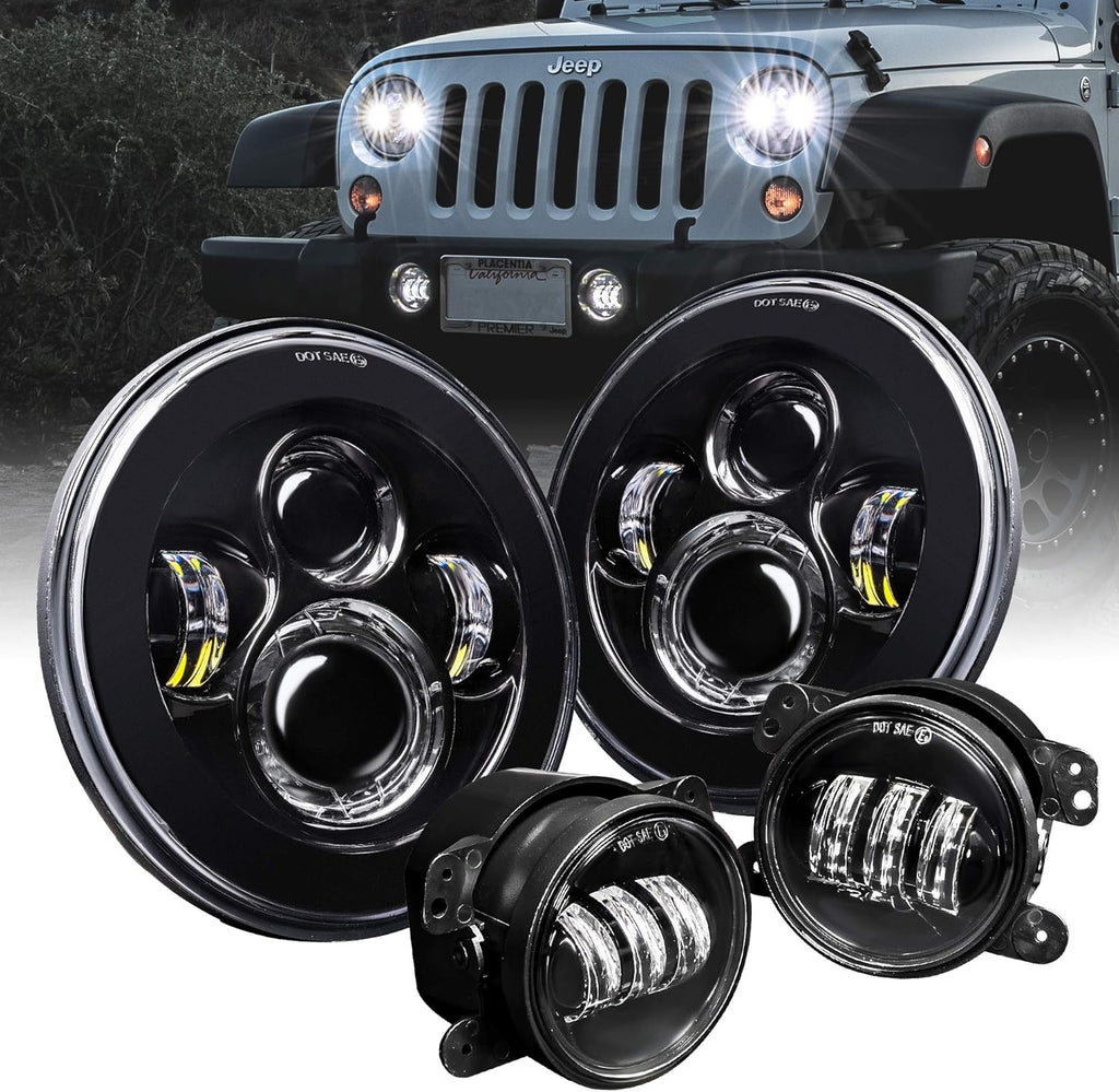 4 Fog Light + 7 Round CREE LED Headlights Replacement for Jeep Wrangler 1987-2018 H231