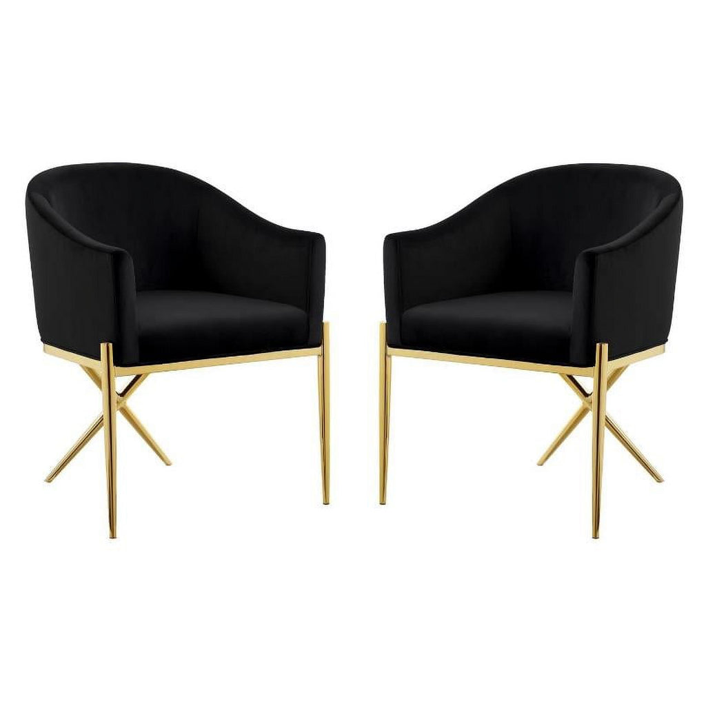 2 Piece Velvet Black Arm Chair Set with Gold Metal Legs P6226