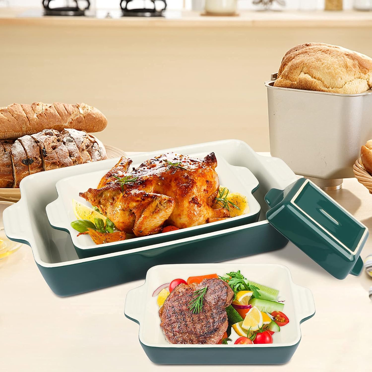 Ceramic Baking Dish Set of 4 Pcs, Rectangular Porcelain Bakeware, 14.7 x 8.5 x 2.6 Inches O7072