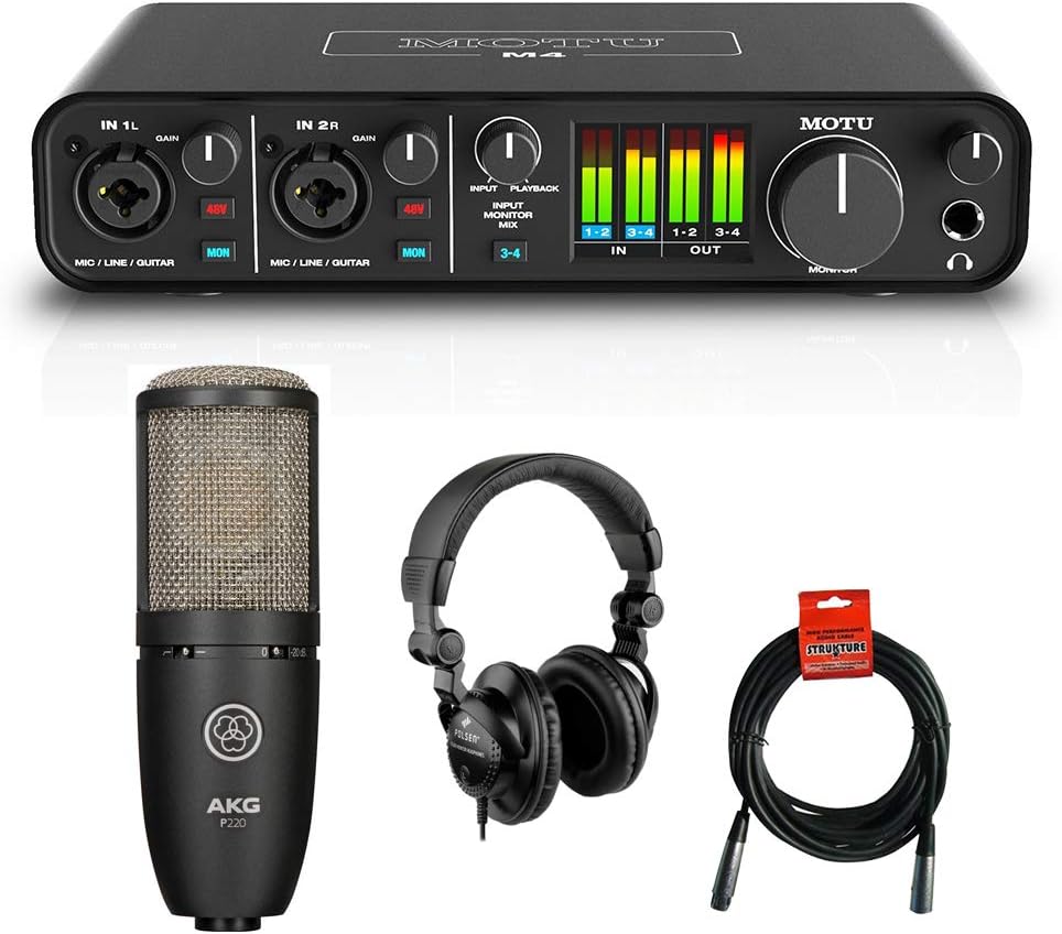 4x4 USB Audio Interface with Condenser Mic, Studio Monitor Headphones & XLR Cable Bundle X704237