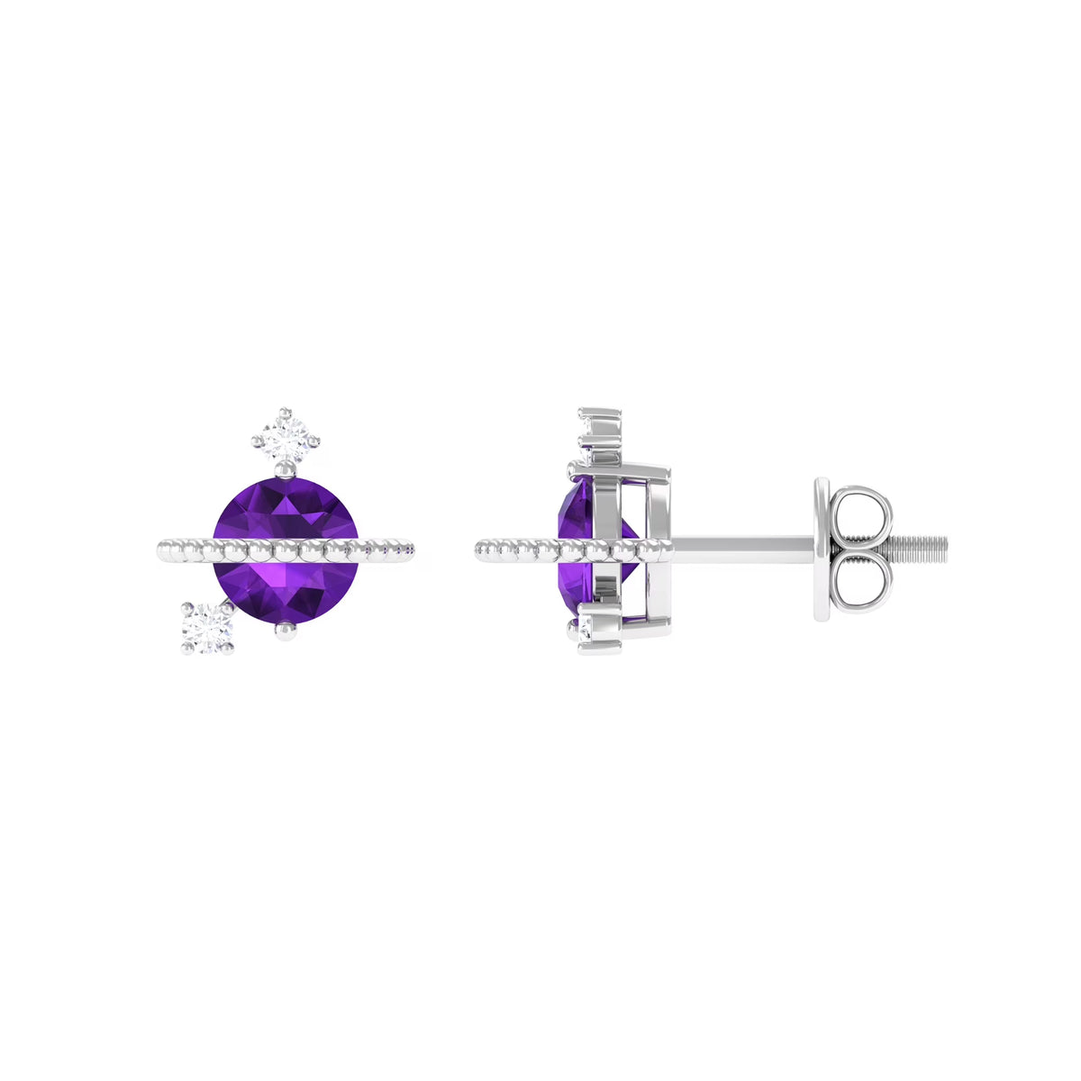 Amethyst Stud Earrings with Diamond, 925 Sterling Silver E468896