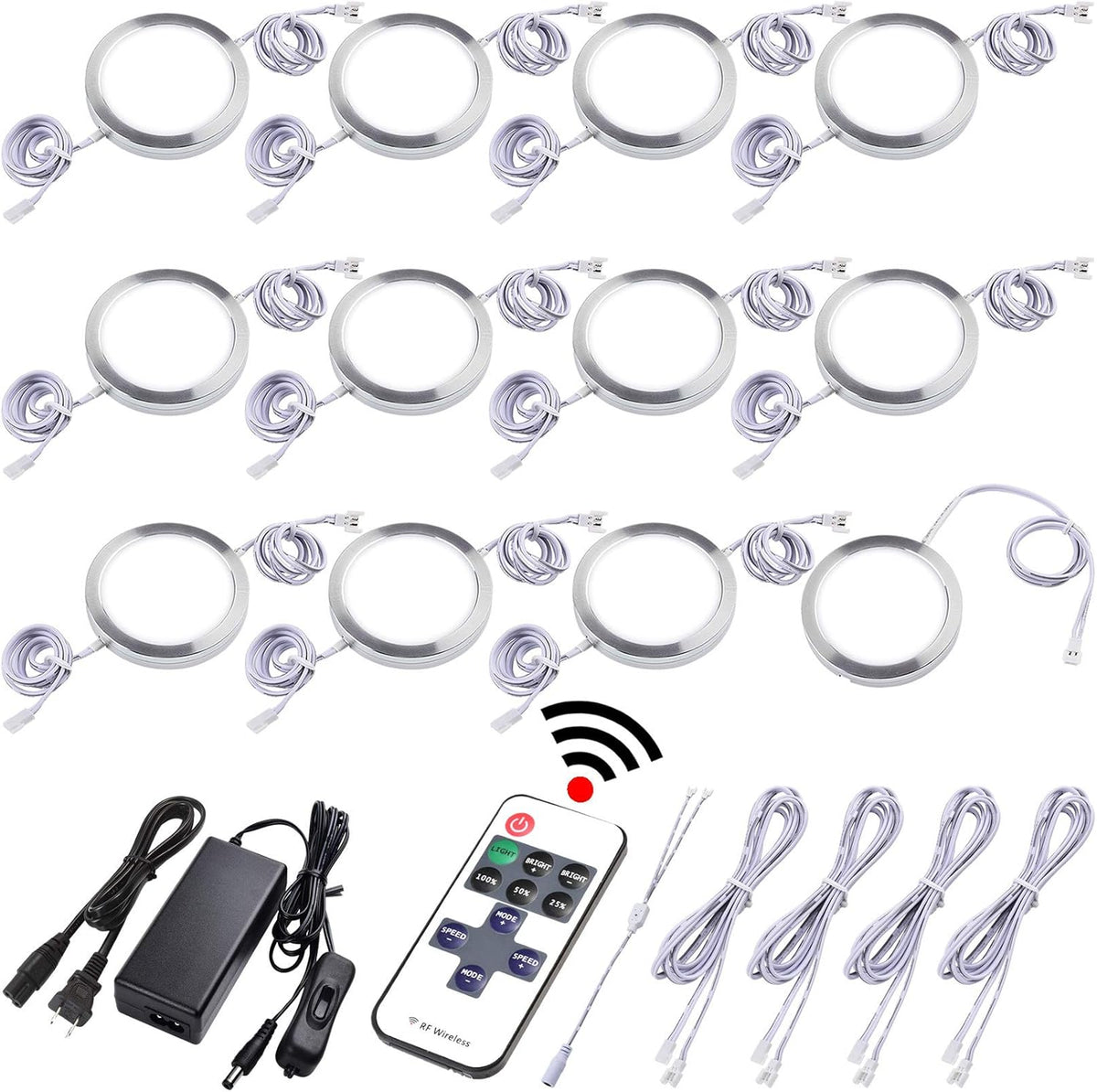 Under Cabinet LED Puck Lights, Dimmable Wireless RF Remote Control, Linkable Wired, AC120V to DC12V, Hardwired or Wall Plug, 14 Lights, Warm White O189635